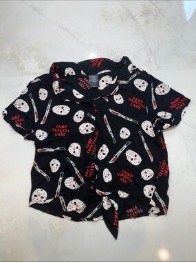 Friday the 13th Jason Camp Crystal Lake Button Front Tie Shirt Youth XXL